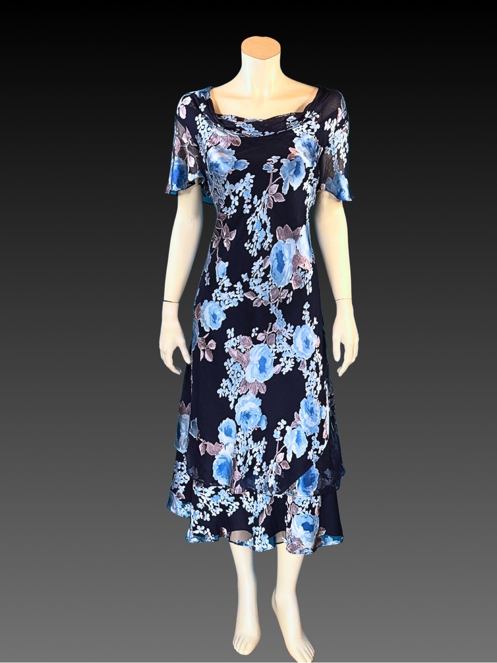 Vintage Y2K Blue Floral Bias Cut SILK VELVET Burnout Cowl Neck Slip Dress L
